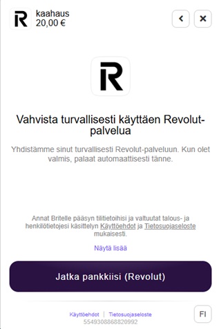 Revolut-vahvistusikkuna 20,00 euron maksulle Kaahaus-palvelussa, jossa on painike 'Jatka pankkiisi.