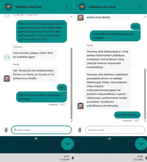 Kuvakollaasi Golisimon live-chat-keskustelusta, jossa asiakaspalvelija ilmoittaa, ettei talletusrajoja voida asettaa hallinnollisen päätöksen vuoksi.