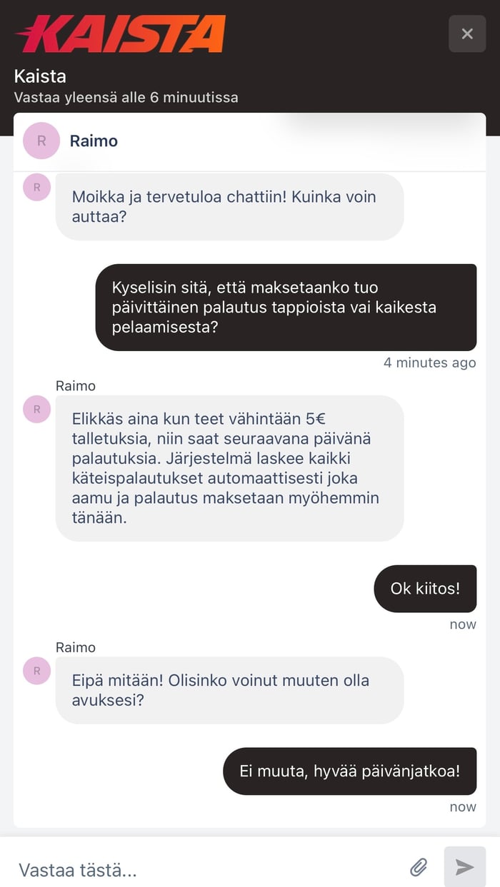 Kuvakaappaus keskustelusta suomalaisen asiakaspalvelijan kanssa Kaistan live-chatissa.