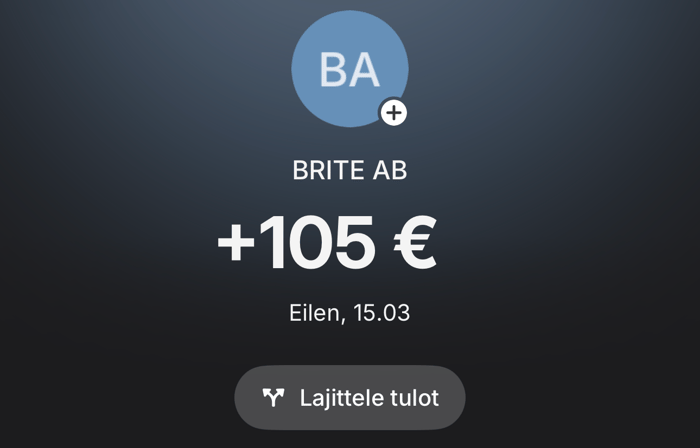 Kuvakaappaus Kaista Kasinon 105 euron kotiutuksesta.
