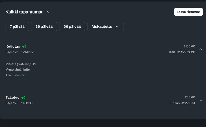 Maksuhistoria Kaista kasinolla eli talletukset ja nostot.