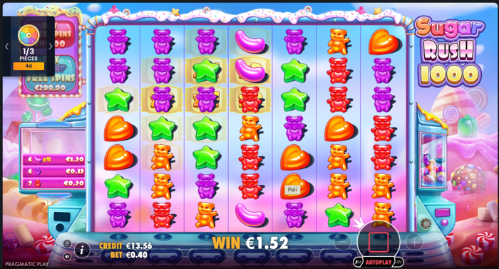 Sugarrush 1000 -pelin näkymä 0.60 euron voitolla. 