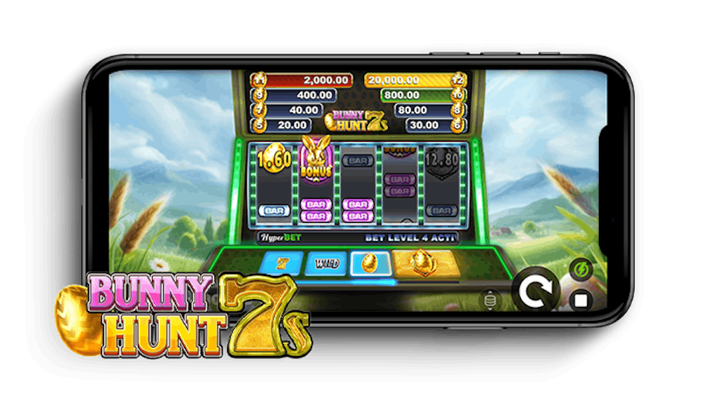 Bunny Hunt 7 kolikkopelin ruudukko ja logo puhelimen näytöllä.