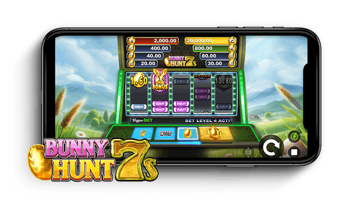 Bunny Hunt 7 kolikkopelin ruudukko ja logo puhelimen näytöllä.