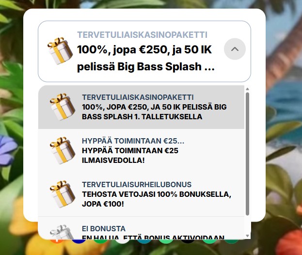 Kaleo Casino tarjoaa kolme erilaista uuden pelaajan bonusta, jotka valitaan pudotusvalikosta.