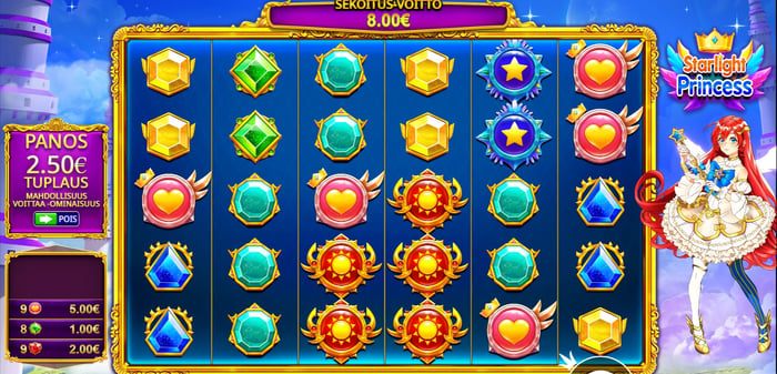 Pelasin Kaleo Casinolla Starlight Princess kolikkopeliä ja sain 8.00 € voiton.