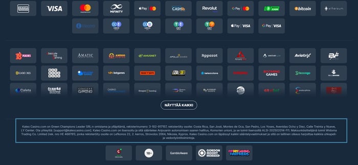 Kaleo Casinon alatunniste, jossa näkyy maksutapalogot, pelintarjoajat sekä teksti, joka kertoo kasinon toimivan Costa Ricasta käsin Anjouanin pelilisenssillä. Lähde: Kaleo Casino.