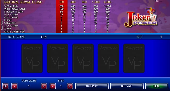 Kaleo Casino joker poker videopokeria pelataan tietokonetta vastaan.