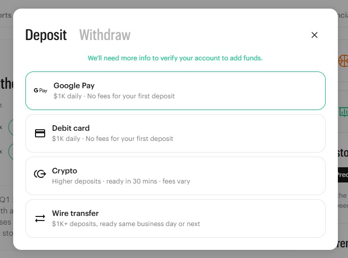 Kalshi‑palvelun talletusikkuna, jossa käyttäjä valitsee talletustavan (Google Pay, pankki-/debit-kortti, kryptovaluutta tai tilisiirto) ja näkee kunkin menetelmän päiväkohtaiset rajat sekä kulut.