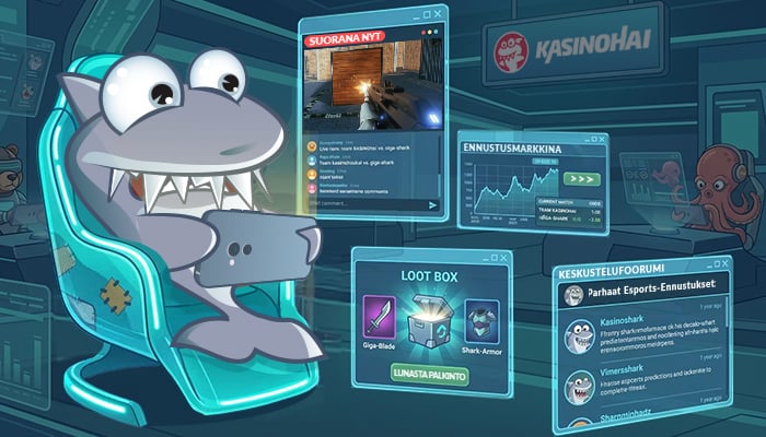 Kasinohai 2030 istuu pelituolissa edessään pelialustan käyttöliittymäikkuna, jossa näkyy pelin tiedot ja loot box -kortit.