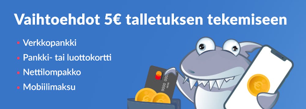 Vaihtoehdot 5€ talletuksen tekemiseen ovat verkkopankki, pankki- tai luottokortti, nettilompakko sekä mobiilimaksu.