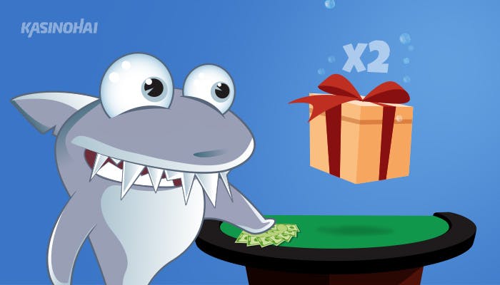 Kasinohai seisoo pelipöydän äärellä. Pöydän yläpuolella leijuu lahjapaketti, joka kuvastaa kasinobonuksia.