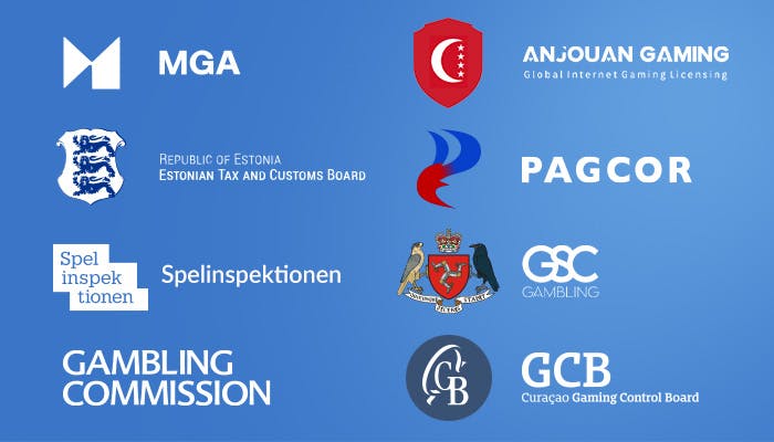 Lista yleisistä kasinolisensseistä, kuten MGA, EMTA, Spelinspektionen ja Curacaon lisenssi.
