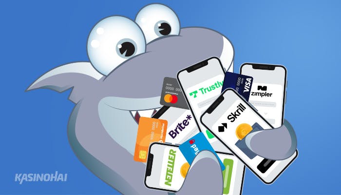 Kasinohailla on sylissään matkapuhelimia ja maksukortteja, joissa on suosituimpien maksutapojen logoja.