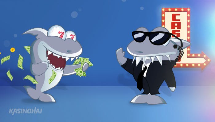 Kasinohai syöksymässä kasinolle setelitukot lentäen. Kasinon ovimies estää pääsyn, kuvastaen vastuullista pelaamista.