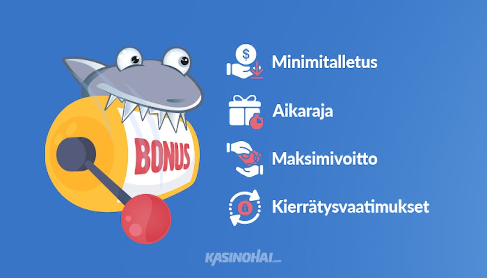 Kasinohai puree bonus-tekstillä varustettua kolikkopelin kelaa ja lukee kuinka starburst ilmaiskierroksiin kuuluu minimitalletus, aikaraja, maksimivoitto ja kierrätysvaatimukset.