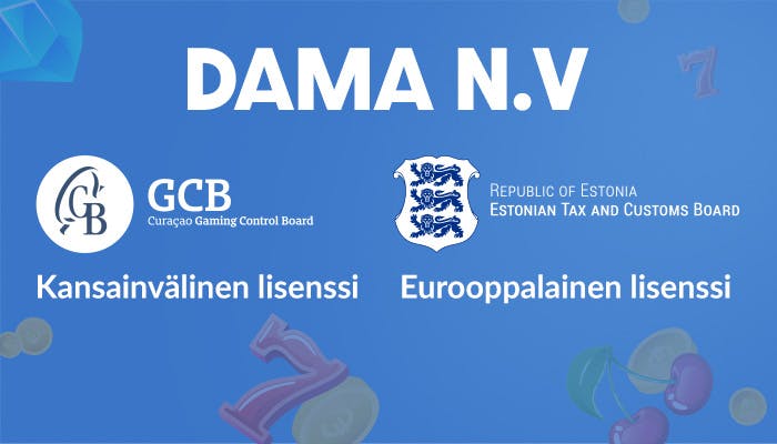 Infografiikka, jossa Dama N.V. keskellä, vasemmalla kansainvälinen Curacaon-lisenssi, oikealla eurooppalainen Viron lisenssi.