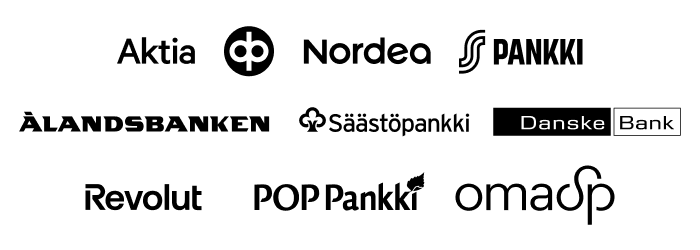 Suomalaispankkien logoja: Nordea, Aktia, OP, S-Pankki, Ålandsbanken, Säästöpankki, Danske Bank, Revolut, POP Pankki ja OmaSp