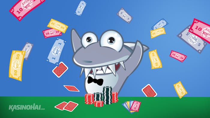 Krupieeriksi sonnustautunut Kasinohai heittää seteleitä ilmaan ja kertoo miten ilmainen pokeri onnistuu.