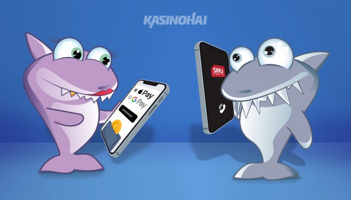 Kaksi haita katsovat eri maksutapavaihtoehtoja puhelimeltaan