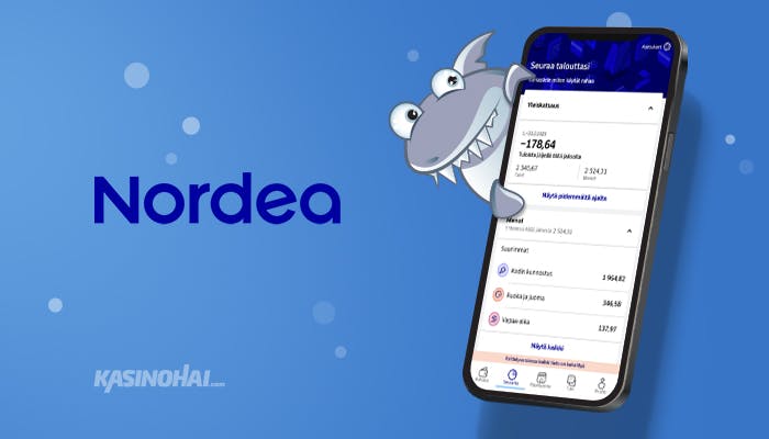 Kasinohai ja puhelin, jossa on auki Nordean mobiilisovellus