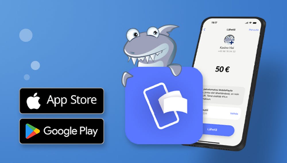 Kasinohai esittelemässä MobilePayn sovellusta: miltä sovellus näyttää älypuhelimessa ja millainen on MobilePay logo. MobilePayn voi ladata App Storesta tai Google Play kaupasta.