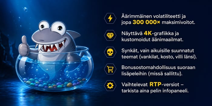Kasinohai kalamaljassa. Oikealla listataan Nolimit City -pelien pääominaisuudet: äärimmäinen volatiliteetti, 300 000x maksimivoitot, 4K-grafiikka, aikuisille suunnatut teemat, bonusostot ja vaihtuvat RTP-versiot.