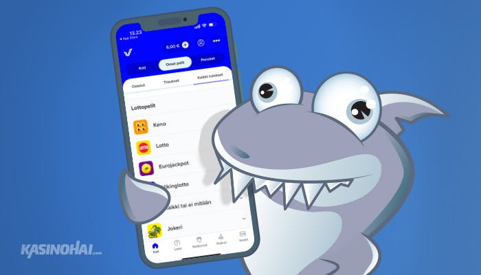 Kasinohai pitelee puhelinta, jossa on auki Oma Veikkaus -sovellus