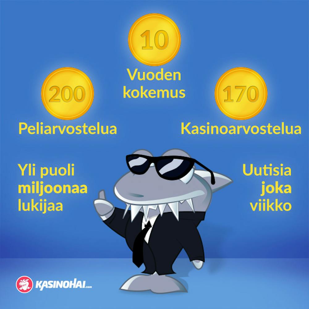 Kasinohai osoittamassa seikkoja, miksi kannattaa luottaa sivustoomme kasinon valinnassa: muun muassa 10 vuoden kokemus ja yli puoli miljoonaa lukijaa.