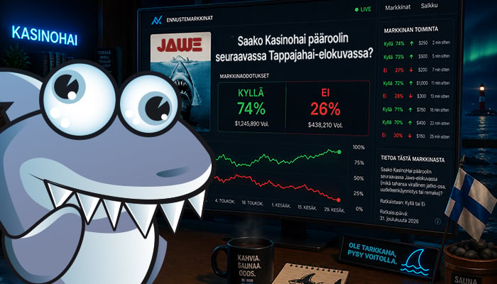 Kasinohai toimistossa, taustalla ennustemarkkina vedonlyöntiä kuvaava näyttö.
