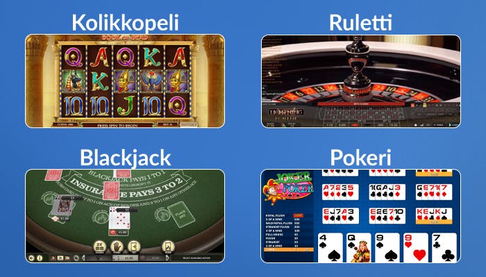 Kuvassa erilaisia rahapelejä: kolikkopeli, ruletti, blackjack ja pokeri.