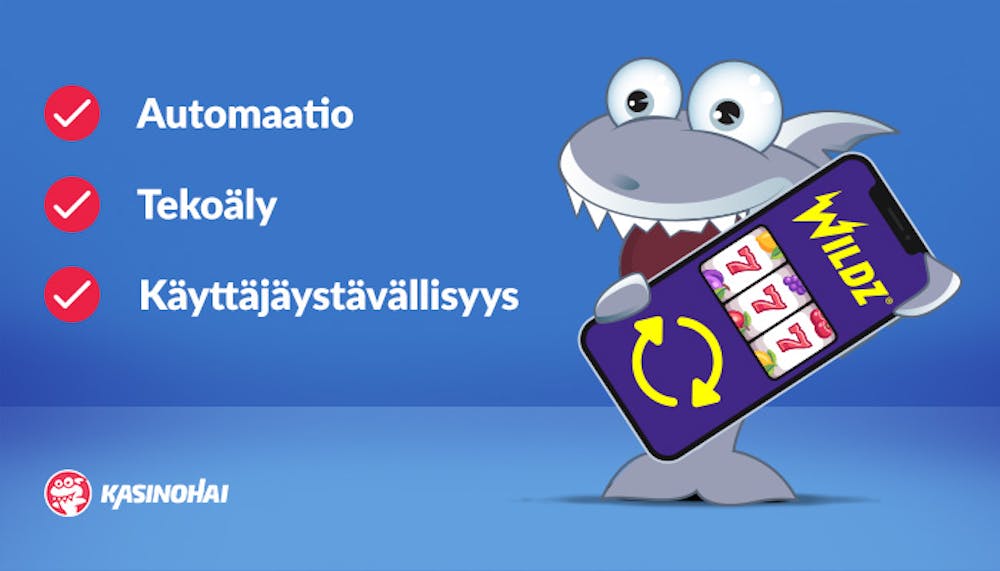 Kasinohai pelaamassa Wildz casinolla ja Rootz-kasinoiden ominaisuuksia listattuna.