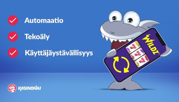 Kasinohai pelaamassa Wildz casinolla ja Rootz-kasinoiden ominaisuuksia listattuna.
