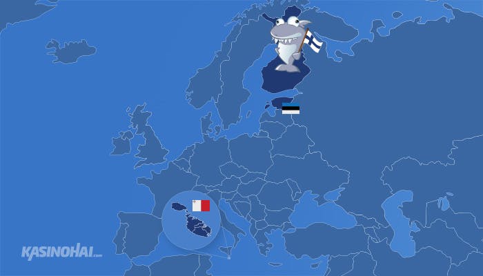 Karttakuva Euroopasta, jossa korostettu Suomi, Viro ja Malta.