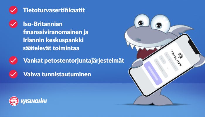 TrueLayerin turvallisuusominaisuuksia listattuna, kuten tietoturvasertifikaatit ja finanssiviranomaisen lisenssi.