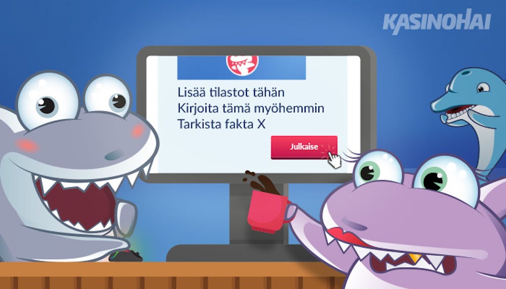 Kasinohain tiimi, joka katsoo ruudulla näkyvää keskeneräistä artikkelia.