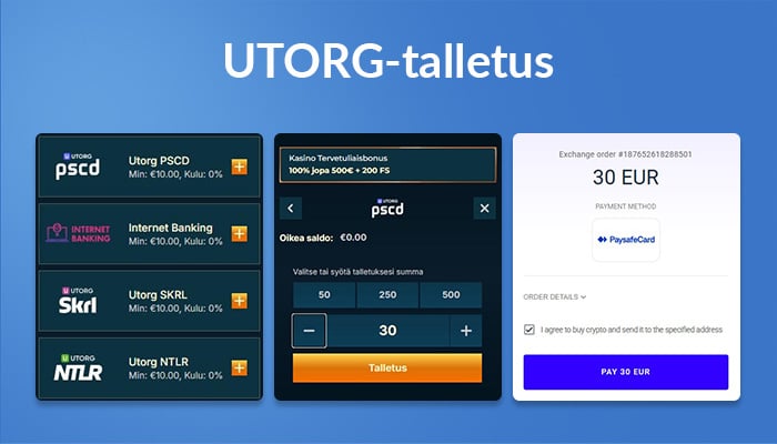 Ruutukaappaukset UTORG-talletuksesta: maksutavan valinta, summan syöttö ja 30 € maksun vahvistus.