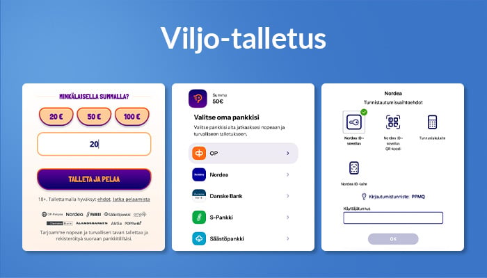 Kuva, joka havainnollistaa Viljo-talletuksen vaiheet. Talletus tehdään pankkitunnuksilla ilman rekisteröitymistä.