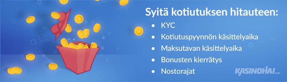 Lista syistä, jotka voivat tehdä kotiutuksista hitaita, kuten KYC ja kotiutuspyynnön käsittelyaika.