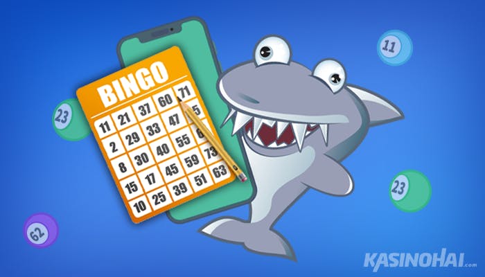 Hymyilevä Kasinohai osoittaa kynällä bingoruudukkoa jossa on eri numeroita.
