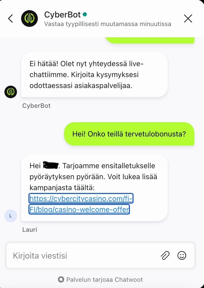 Cyber City kasinon asiakastuen vastaus tervetulobonusta koskevaan kysymykseen.