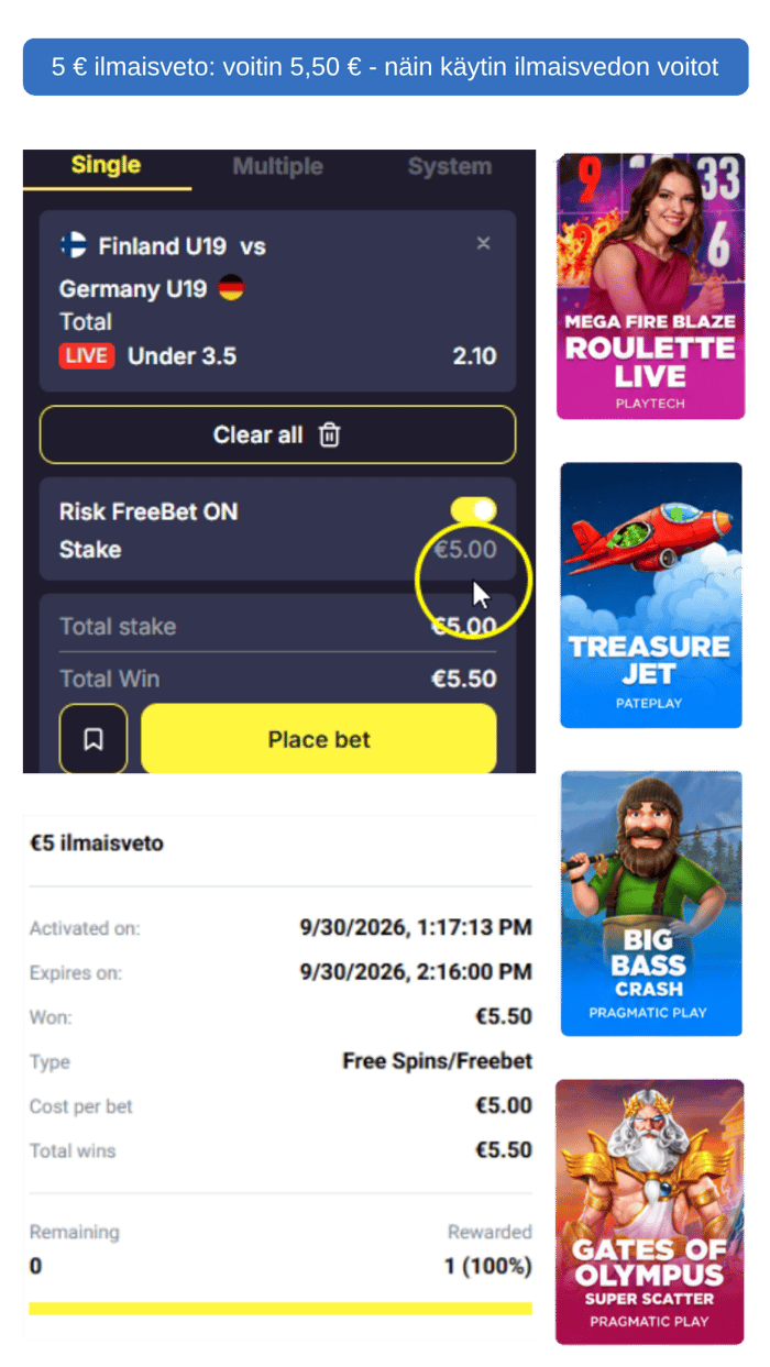 5 euron ilmaisvetobonus lunastettuna FreeSpinza Casinolla.