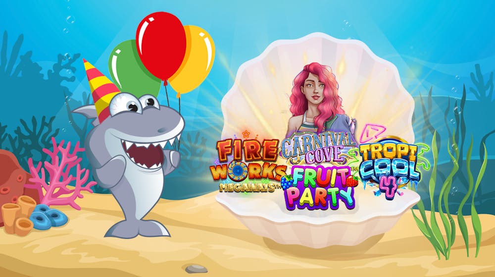 Kasinohai juhlatunnelmissa ilmapallojen ja juhlahatun kanssa. Simpukasta ilmestyy juhlapelien logoja, kuten Tropicool 4 ja Fruit Party.