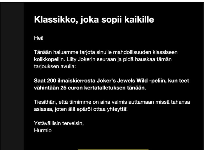 Hurmion bonustarjous sähköpostissa.