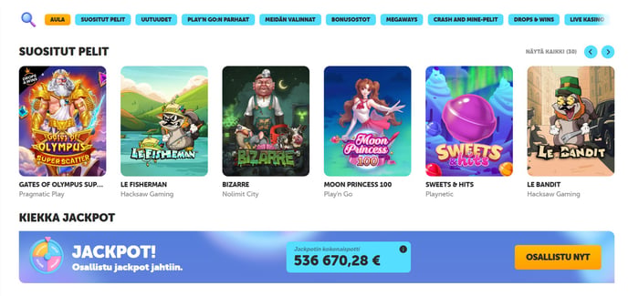 Kiekka Casinolla suositut pelit, kuten Le Fisherman, Moon Princess 100 ja Bizarre ovat löydettävissä helposti ja nopeasti.