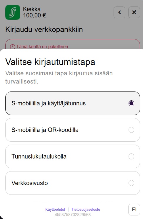 Kiekka Casinolla valitsin kirjautumistavaksi S-mobiilipankin ja käyttäjätunnuksen.