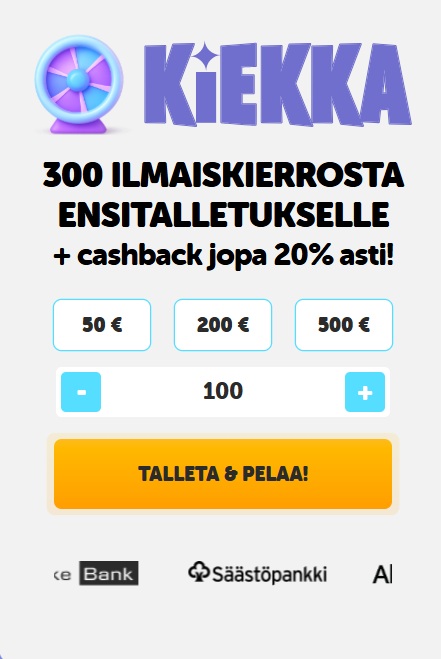 Kiekka Casino talleta ja pelaa 100 € tuo 300 ilmaiskierrosta ensitalletukselle ja 20 % cashbackin.