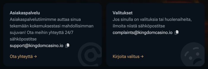 Kingdom Casinon asiakaspalvelu ei ole saatavilla live chatin kautta