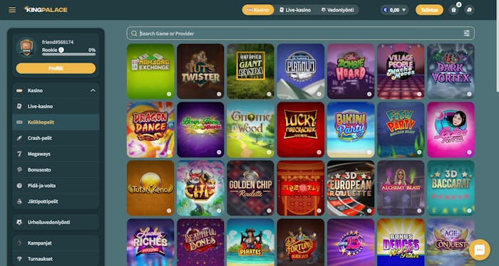 KingPalace Casinolla on suuri valikoima erilaisia rahapelejä, kuten Fish Party ja 3D European Roulette.