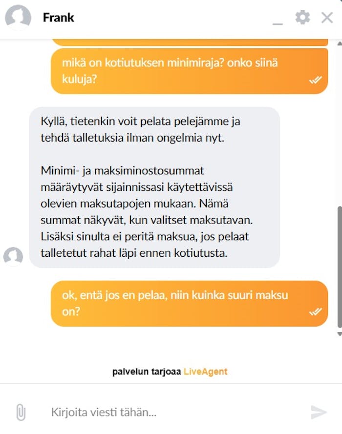 KingPalace Casinon live-chat KYC-protokollasta ja kotiutusten maksullisuudesta.